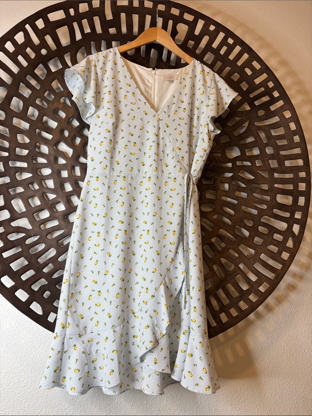 💙 Light Blue Floral Wrap Midi Dress Yellow Ditsy Flowers Cottagecore 6 Zip Up💙